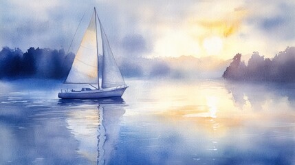 Serene sunset watercolor painting of a sailboat on calm water, reflecting the golden light.