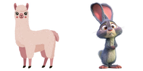Fototapeta premium Cartoon Characters Side by Side, a Playful Pink Llama and a Concerned Gray Rabbit on White.