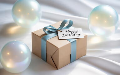 Birthday Gift Box with Blue Ribbon and Balloons on White Fabric Background