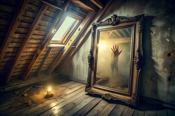 Haunted Mirror in Abandoned Attic – Pale Hand Reaching Out, Dim Yellow Lighting, Dusty Atmosphere