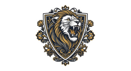 Fototapeta premium Roaring Lion Head in Ornate Shield with Floral Accents Illustration