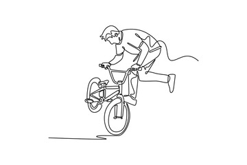 Fototapeta premium Continuous one line drawing bmx rider making reverse wheelie on skate park. Professional bike rider balancing on wheel in street ramp park outdoors. Single line draw design vector graphic illustration