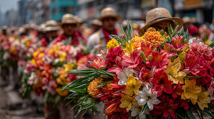 Fototapeta premium Traditional Silleteros parade in Medellín, Colombia. Men and women proudly carrying massive, colorful floral arrangements on their backs through crowded streets.
