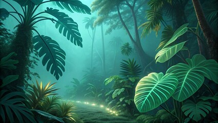 Naklejka premium Mystical Tropical Pathway with Glowing Lights and Dense Green Foliage – Enchanted Forest Landscape
