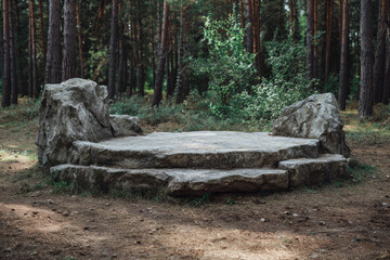 Natural stone podium with rough texture stands in forest