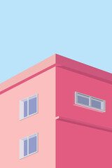 A pink corner building with purple windows under a bright sky. The bold colors and flat style give a warm, dreamy aesthetic, like a calm day in a charming neighborhood.