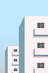 Modern white apartment buildings stacked in perspective, casting soft shadows under a clear blue sky. Clean lines and minimal colors create a peaceful urban feeling.