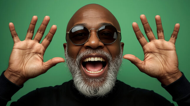 Growing old doesn't mean you have to be boring. Studio shot of a senior man wearing glasses. older Black man with a vibrant, expressive demeanor, set against a solid green background.