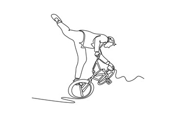 Single continuous line drawing young male doing stunts on bike in the city skatepark. Street rider shows freestyle on bike and makes dangerous moves. One line draw graphic design vector illustration