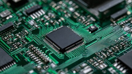 Intricate details of a microchip on advanced circuit board for tech industry use