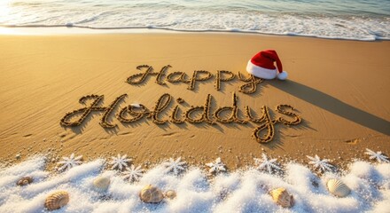 Happy holidays written in sand with santa hat and seashells on a sunny beach scene near ocean