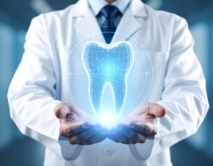 A doctor holds a holographic tooth image