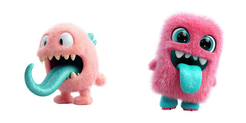 Fototapeta premium Playful Fluffy Monsters: A whimsical duo of fuzzy, pink creatures against a clean white background for imaginative designs