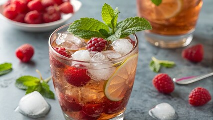 Refreshing Raspberry Lime Iced Tea Cocktail Close-up, Glass, Mint Garnish, Summer Drink Iced Tea, Raspberry Cocktail