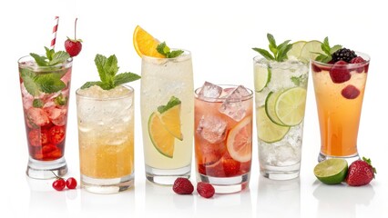 Refreshing Summer Cocktails Five Colorful Iced Drinks, Highball Glasses, Fruit Garnish, Mint, Lime, Strawberry, Cocktail Recipes