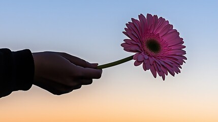 shot using mirrorless camera, 70mm lens, vivid single bloom grasped by extended hand silhouette with smooth pale blue sky background