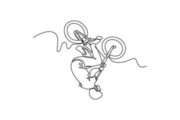 Fototapeta premium Single one line drawing professional freestyle bmx rider performing tricks and stunts in skate park. Extreme man practicing for X games event. Continuous line draw design graphic vector illustration