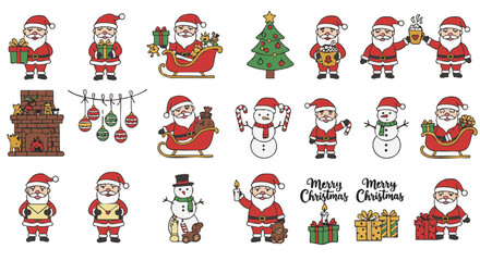 Santa Claus with Christmas objects outline style red white gold