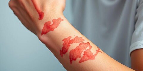 Close-up of arm, red irritated skin, allergic reaction, soft background,  health,  atopic dermatitis