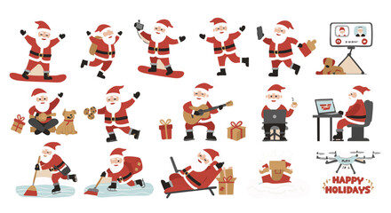 Fototapeta premium Santa Claus in modern actions flat icons red terracotta white