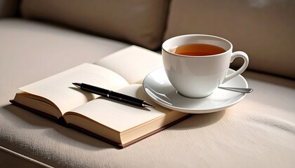 Open Book With Pen And White Tea Cup On A Couch Surface Under Natural Light