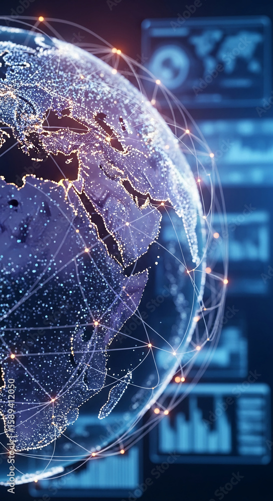 Poster digital globe with glowing nodes and connecting lines, showcasing global network, communication, and