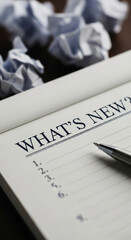 Notebook with "What's New?" headline, numbered list, pen, and blurred background of crumpled paper, symbolizing brainstorming, planning, or new beginnings