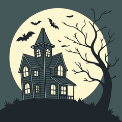 Haunted house silhouette with bats under a full moon  