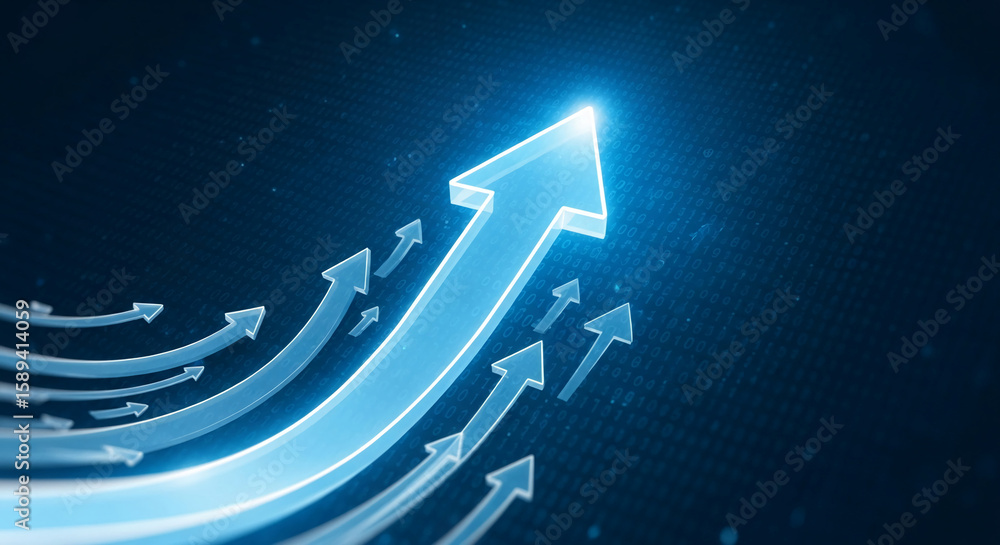 Poster multiple blue arrows ascend, converging on a larger arrow, set against a backdrop of binary code, sy