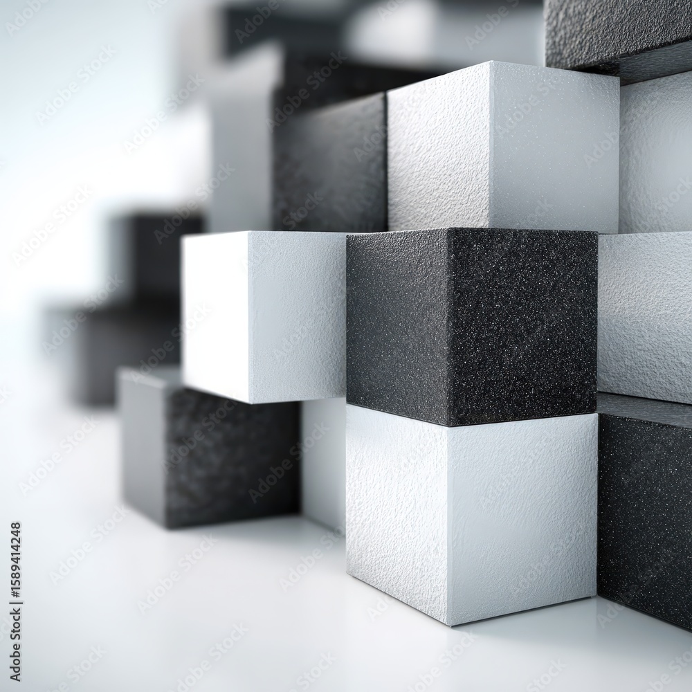 Poster a close-up of interlocked black and white textured cubes arranged in a geometric pattern on a smooth