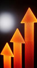 Three illuminated orange arrows pointing upwards, creating a dynamic and positive visual, symbolizing growth, progress, and success in business