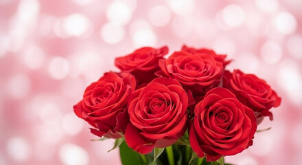 Obraz premium A vibrant bouquet of six lush red roses with tightly furled petals, set against a dreamy, soft pink background with shimmering bokeh lights, perfect for expressing love.