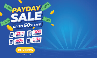 Payday Mega Sale Banner with Discount Coupons and Coins