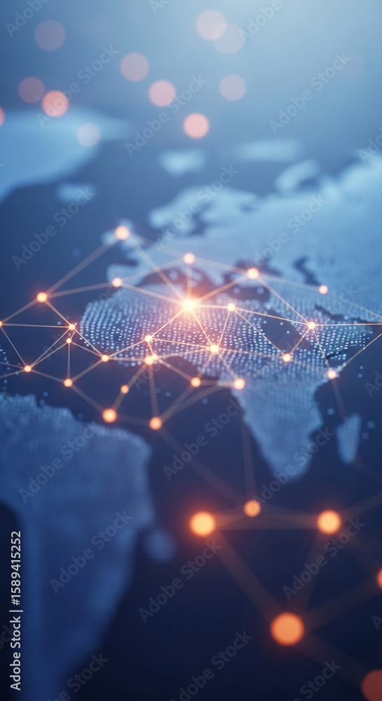 Poster abstract world map with glowing nodes and connecting lines, symbolizing global network, communicatio