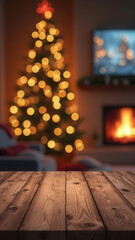 Interesting xmas room empty rustic table with glowing tree and fireplace cozy home mock up