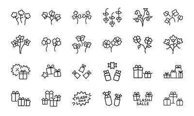 Fototapeta premium Hand Drawn Gift Box and Celebration Icon Set – Minimal Line Art Style Present, Gift Giving, Flower and Star Icons for Holiday, Birthday, Loyalty Reward, Surprise and Festive Occasions