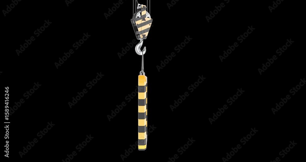 Poster Construction crane hook moving into the frame while holding a blank caution sign, then moving out to the right. animation, seamlessly loopable motion. 3D rendering isolated on transparent background