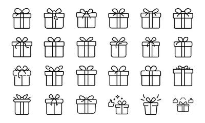 Hand Drawn Gift Box and Celebration Icon Set – Minimal Line Art Style Present, Gift Giving, Flower and Star Icons for Holiday, Birthday, Loyalty Reward, Surprise and Festive Occasions