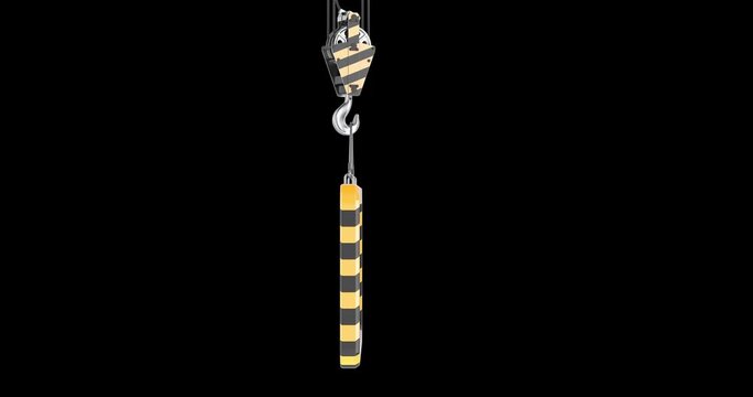 Construction crane hook moving into the frame while holding a blank caution sign, then moving out to the right. animation, seamlessly loopable motion. 3D rendering isolated on transparent background