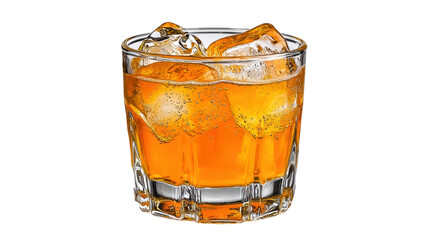 Amber Alcoholic Beverage with Ice Cubes in Rocks Glass
