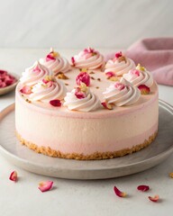 Creating an elegant lychee rose cake with whipped cream topping decorated with edible rose petals in romantic pink tones for a beautiful dessert presentation