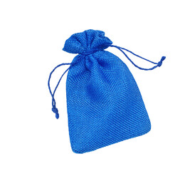 One small blue burlap bag isolated in pure white background. Format png.