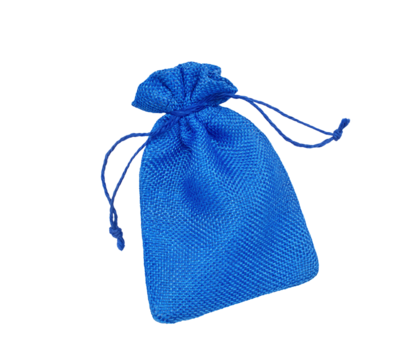One small blue burlap bag isolated in pure white background. Format png.