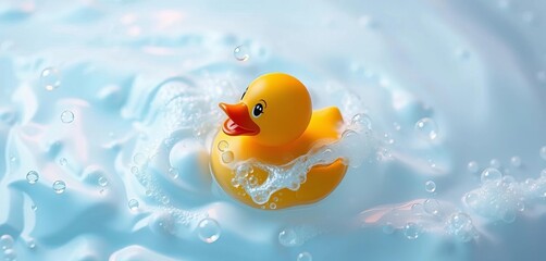 A cheerful yellow rubber duck afloat amidst swirling soap bubbles,  fun,  foam