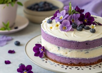 Baking delight whimsical blueberry violet cake with creamy icing and edible flowers close-up soft texture purple theme