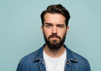 Obraz premium Puzzled Young Man with Denim Jacket. AI Generated