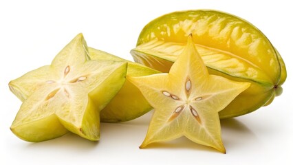 Fototapeta premium Star Fruit Slices Composition of Three, Close-up View, Vibrant Yellow, Tropical Fruit, Carambola Carambola, Starfruit