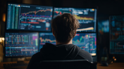 A young man sits in front of multiple computer screens displaying stock market charts and graphs