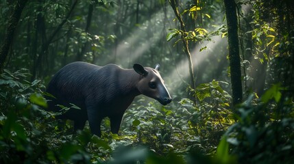 Large dark tapir like mammal stands amidst lush green foliage in a misty sunlit tropical rainforest environment