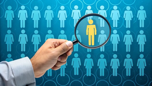 Hand with Magnifying Glass Focusing on a Distinct Individual in a Group of People Figures.